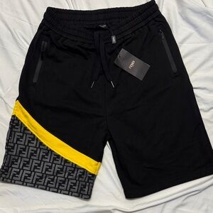 new Fendi Men's Black Shorts with Yellow Accent